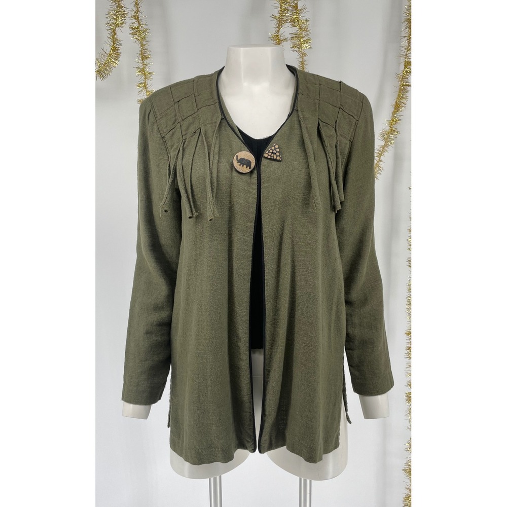 1990s Olive Green Art to Wear Jacket Woven Fringe Safari Size 4 Small